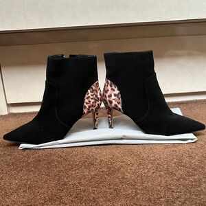 Stylish Black and Leopard Suede Print Ankle Boots
